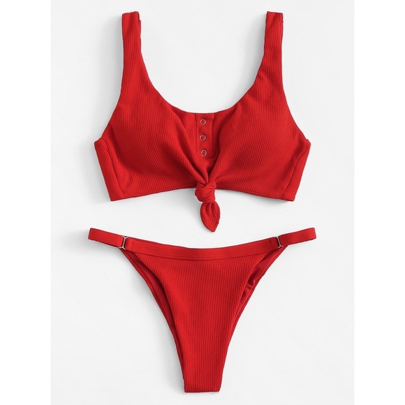 Ribbed bikini button up red thong swimsuit - Picture 3 of 3